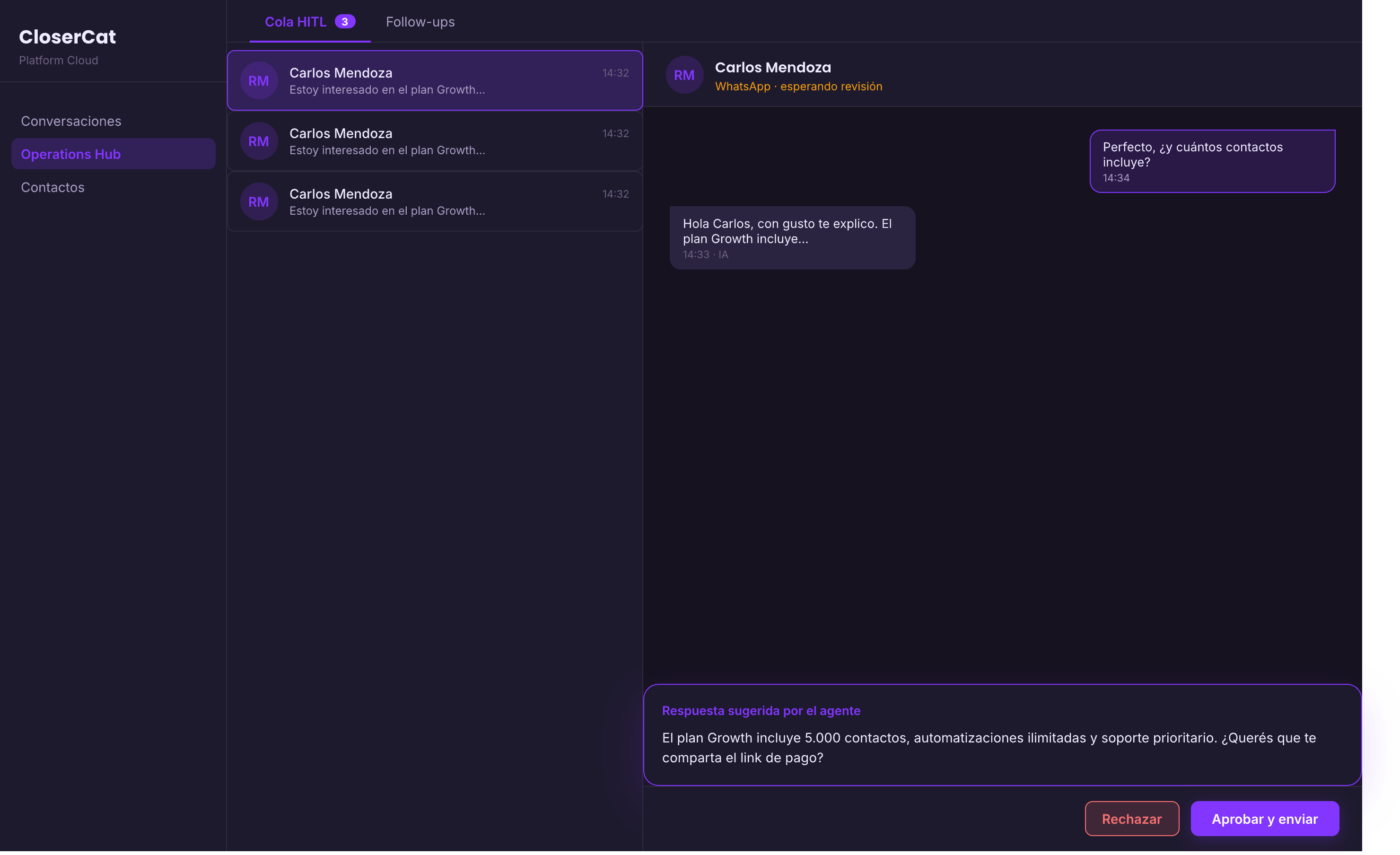Vista de revisión humana en CloserCat: la propietaria de la marca aprueba o ajusta la respuesta sugerida por el agente antes del envío, con contexto del hilo completo visible