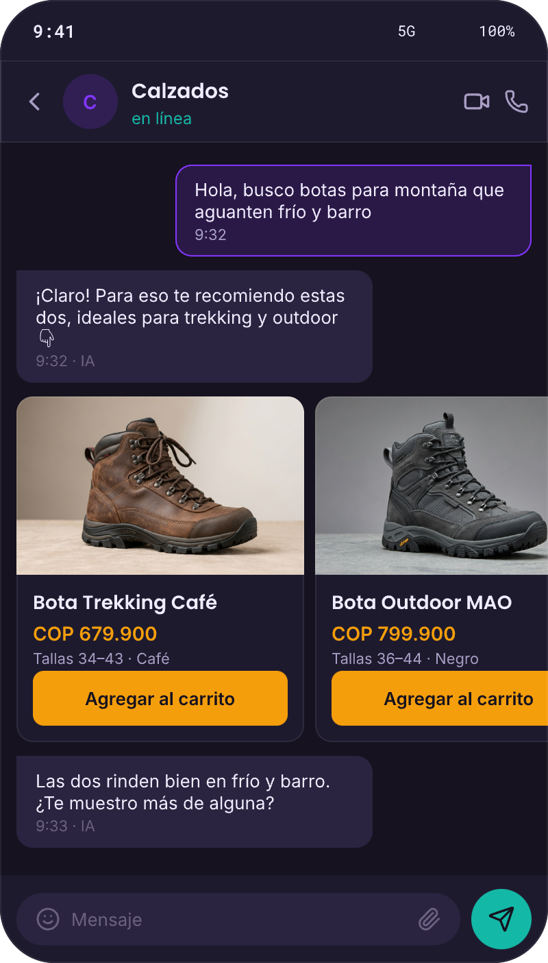 El agente de CloserCat recomienda en WhatsApp con el catálogo real de Calzados: la clienta pregunta por Ref 224 talla 38 y el agente consulta disponibilidad de variantes