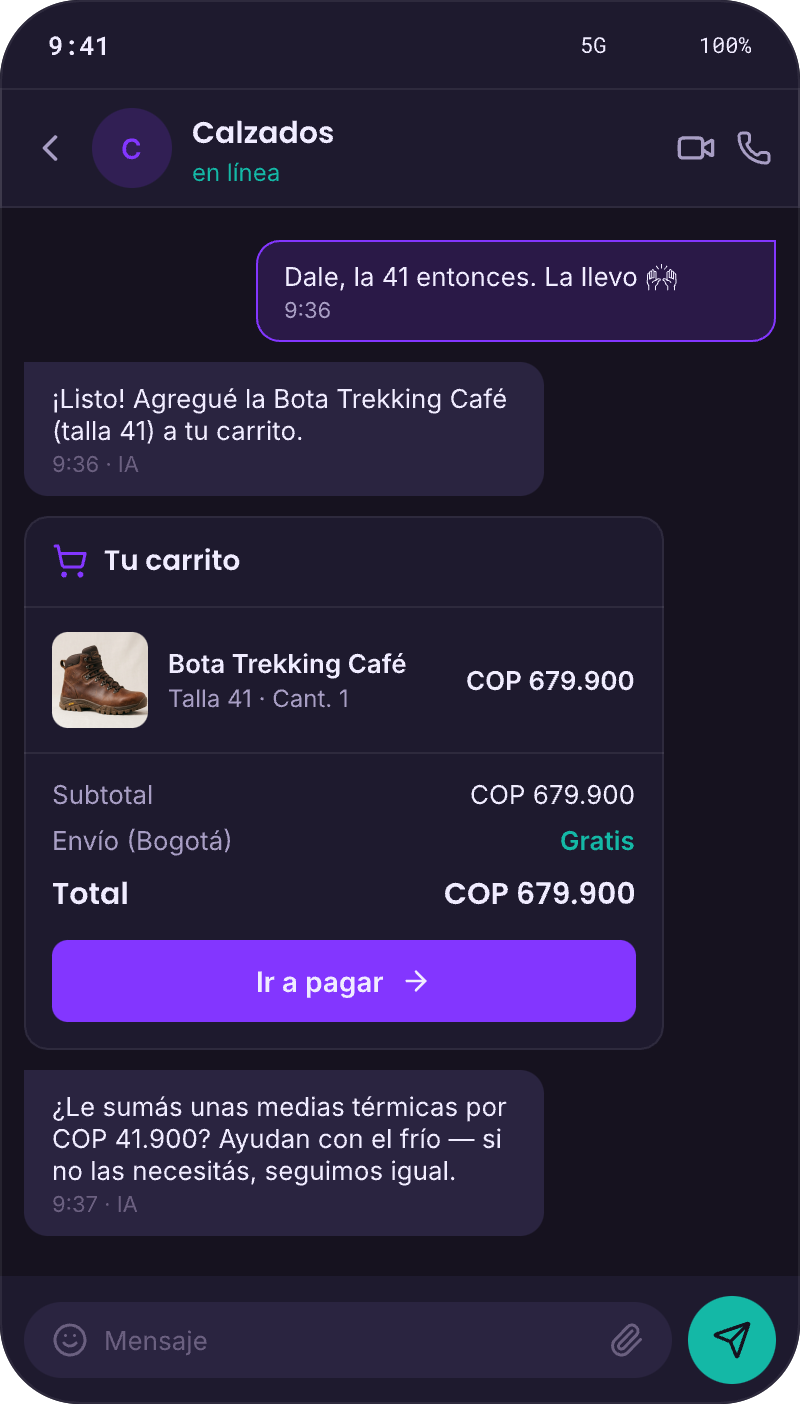 Conversación WhatsApp: agente de Calzados presenta el resumen del carrito — Ref 224 talla 37 en Café × 1 — y solicita confirmación de la clienta antes de procesar la orden