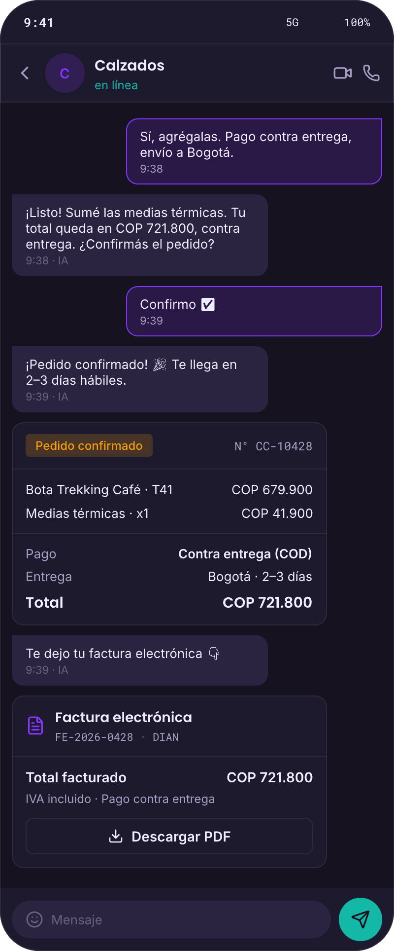 Conversación WhatsApp: agente de Calzados confirma la orden con pago contra entrega, envía número de orden y ofrece factura electrónica — ciclo de venta cerrado sin intervención humana